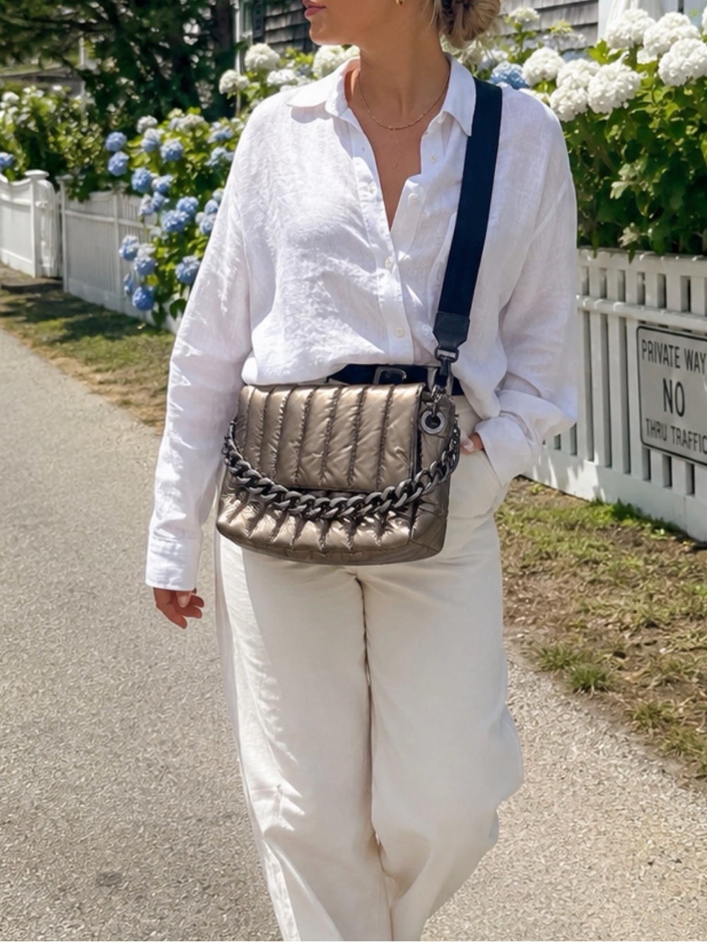 THINK ROYLN Metallic Bronze Quilted Crossbody Bag with Chain
